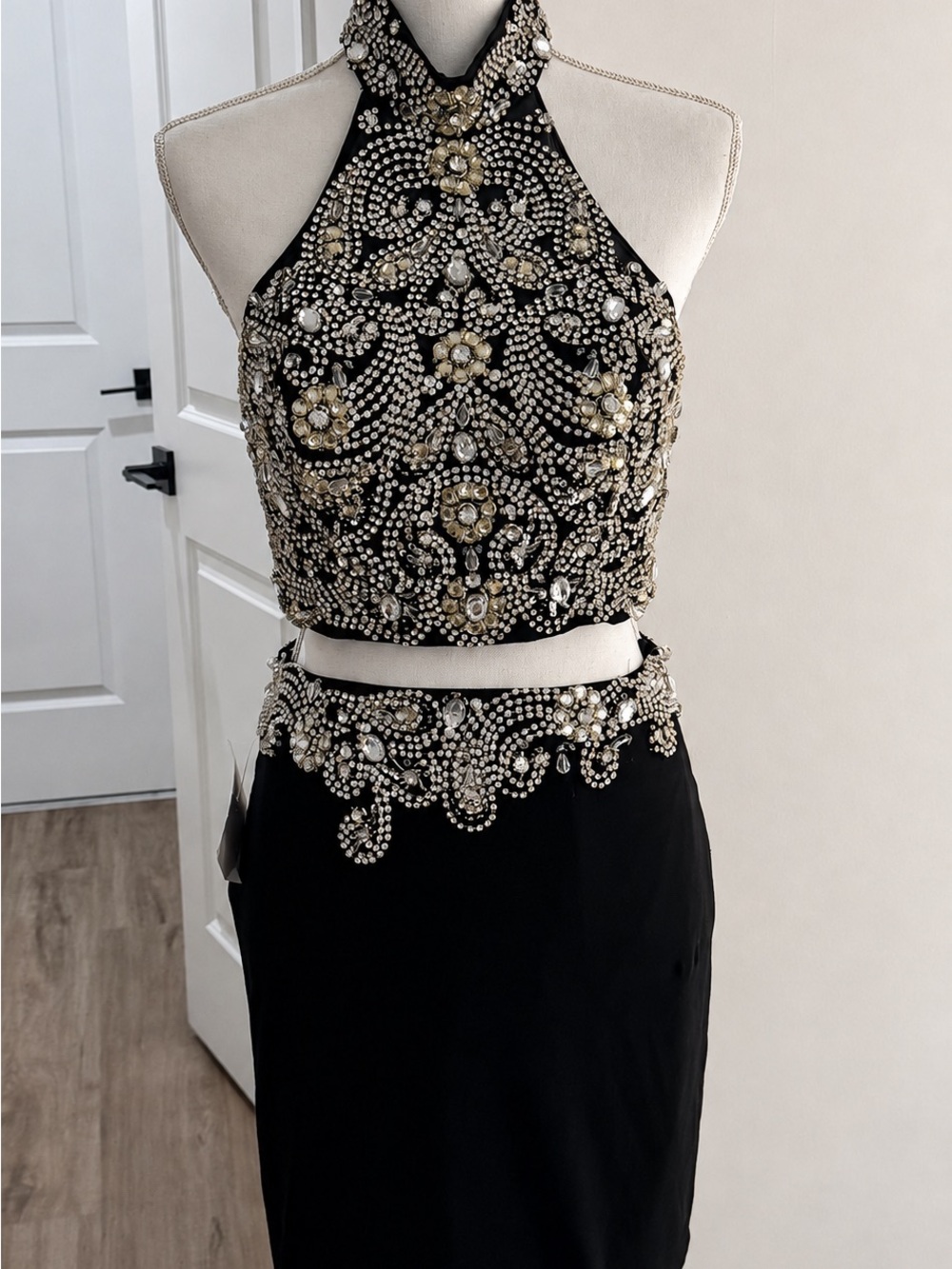 Jovani two piece embellished halter top and skirt matching set